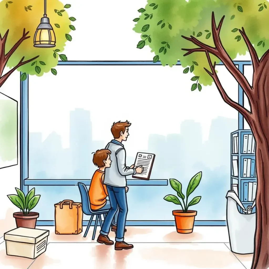 A person standing with a report beside a child in a modern office setting with plants and city view.