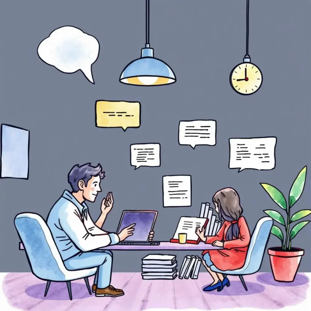 An illustration featuring two professionals discussing customer feedback analysis in an office setting.