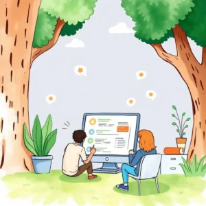 Service Quality Enhancer tool analysis in a serene outdoor setting with two users engaging with a computer screen