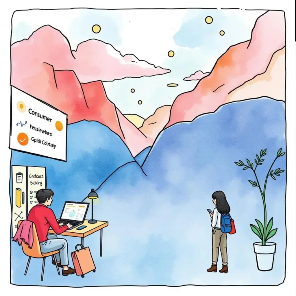Customer journey mapper: Outline customer journeys from text-based input 1 An illustrated scene depicting a person working at a computer while a woman stands nearby, showcasing a customer journey mapping tool.