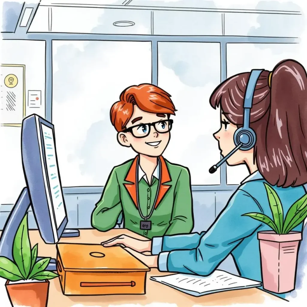 Customer record modifier: Edit and correct existing customer details 1 A customer service representative assists another team member with customer record inquiries in a modern office.
