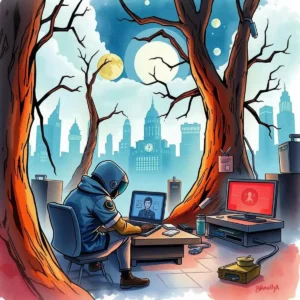 Cyber adversary profiling app user analyzing data in a cityscape from a unique perspective.