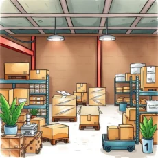 Inventory storage area showcasing organized boxes and shelving systems.