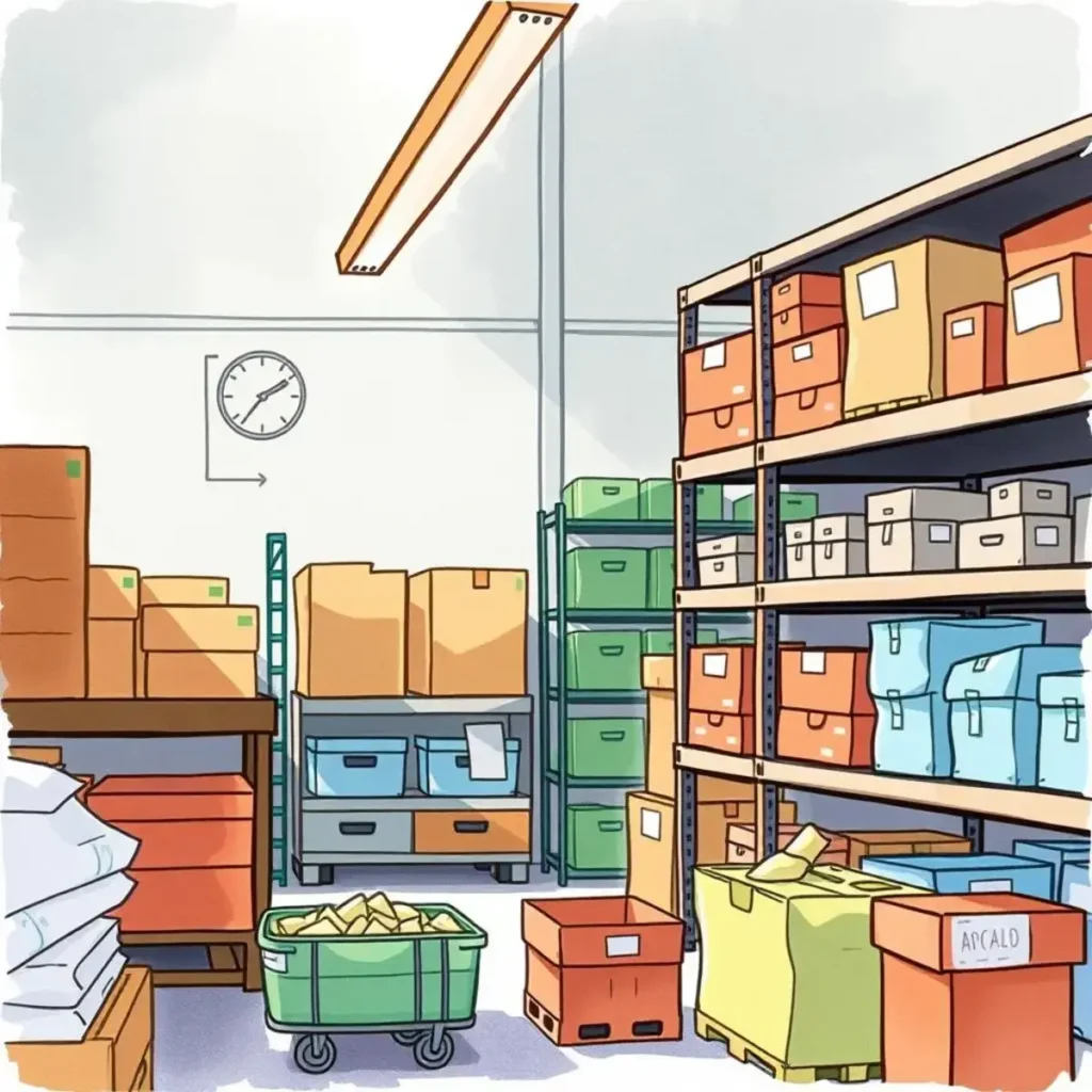 Count location selector: Identify optimal inventory count spots 1 Count Location Selector in an organized warehouse, featuring various storage boxes and a clock.