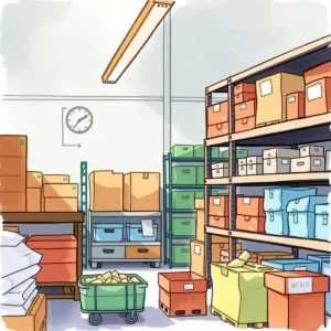 Count Location Selector in an organized warehouse, featuring various storage boxes and a clock.