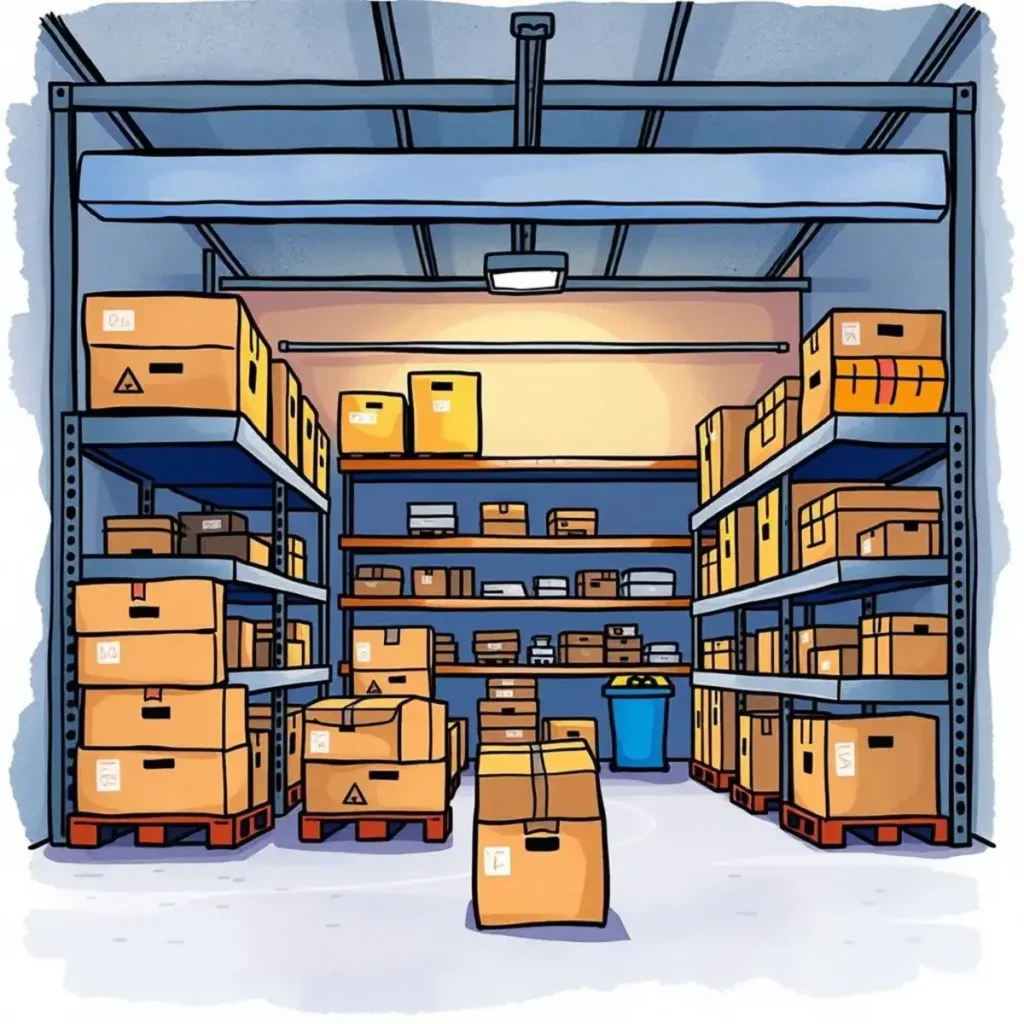 Cycle count strategy creator: Develop strategic cycle counting plans instantly 1 Boxes stacked on shelves in a well-organized warehouse for cycle counting tasks.