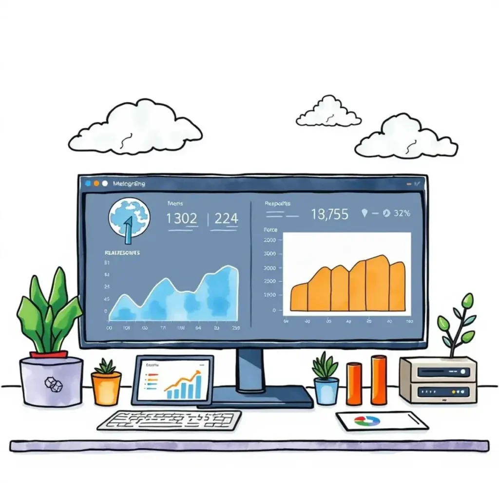 Dashboard computer screen displaying performance metrics and graphs for IT reporting and analysis