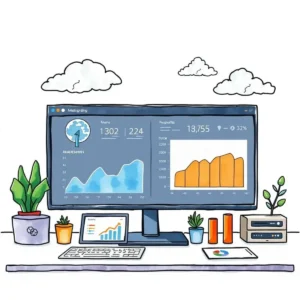 Dashboard computer screen displaying performance metrics and graphs for IT reporting and analysis