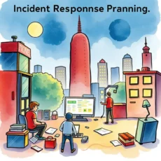 Professionals strategizing incident response planning in a cityscape setting.