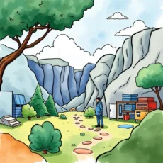 A tranquil outdoor scene depicting a person standing on a path surrounded by trees and mountains.