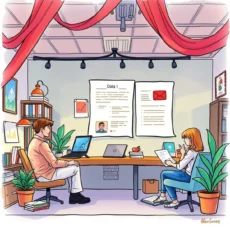 Two professionals discussing demographic targeting strategies in a modern office.