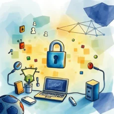 Digital illustration of a lock surrounded by cybersecurity tools and data symbols.