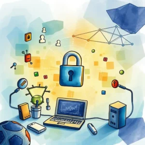 Digital illustration of a lock surrounded by cybersecurity tools and data symbols.