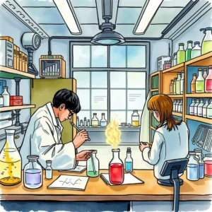 Laboratory scientists conducting experiments with colorful liquids and observing reactions in a well-equipped lab.