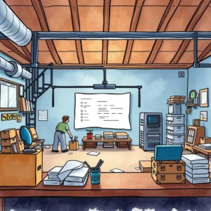 Streamlined workspace for data collection, featuring plans and documents in a manufacturing setting