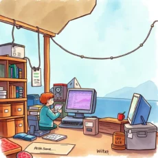 A child using a computer in a cozy office setting.
