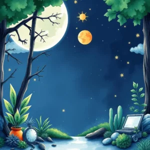 A whimsical night scene with a laptop, plants, and celestial elements.