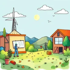 Data Analyst reviewing participation data near a wind turbine in a scenic landscape.