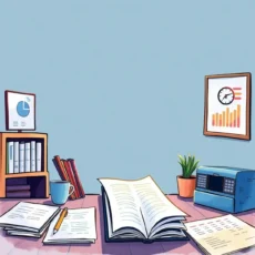 A vibrant office scene showcasing an open book, charts, and paperwork for data analysis.