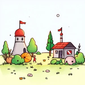 Colorful illustration of a whimsical landscape with towers and trees.