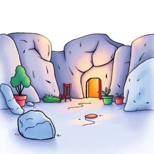 A cozy cave scene with a chair, potted plants, and an inviting door entrance.