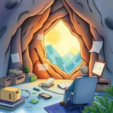 A data analyst examines information in a cave-like environment.