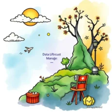 A colorful illustration depicting a serene landscape with a tree, clouds, and a chair, symbolizing data management practices.