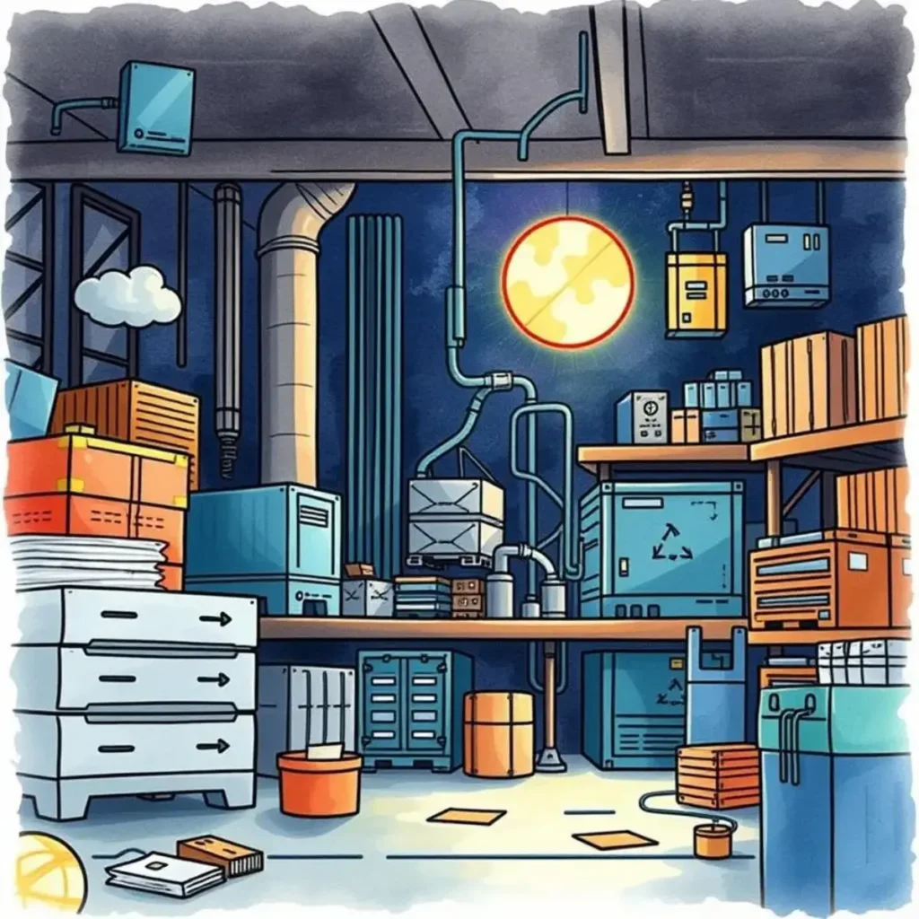 Data pipeline builder: Create seamless workflows for data transfer 1 Colorful illustration of a data storage environment with organized equipment and supplies.
