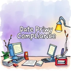 Illustration of a workspace emphasizing data privacy compliance tools.