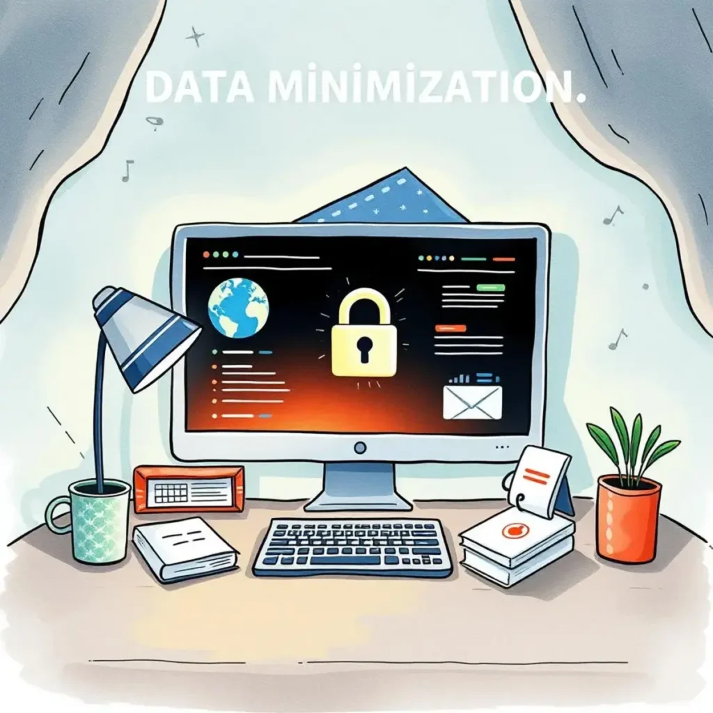 Data protection awareness enhancer: Generate materials to increase awareness of data protection 1 Workspace featuring a computer safeguarding data minimization concepts.