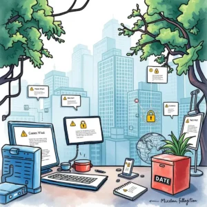 A modern workspace featuring screens with incident alerts and a globe, symbolizing data protection efforts