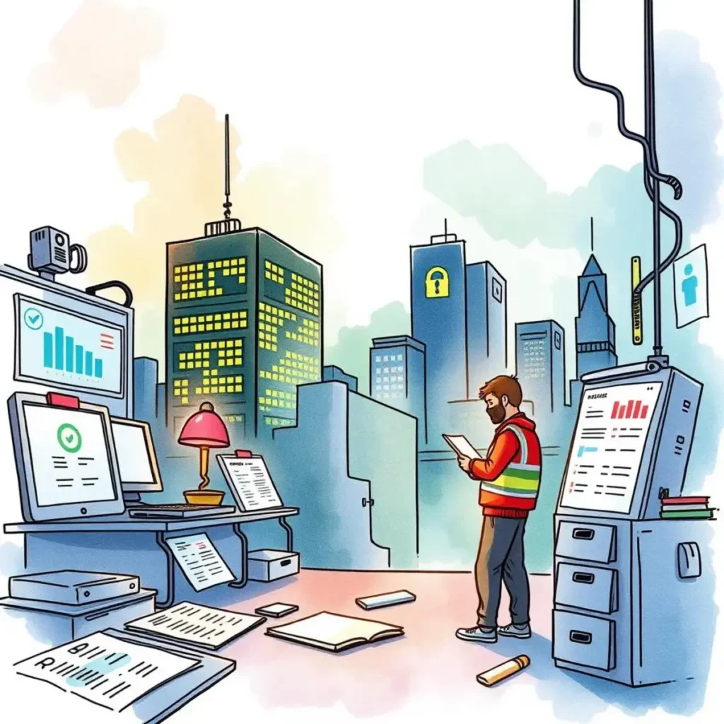 Incident report generator: Create detailed incident reports 1 A professional examining incident reports in a city office, visualizing data and security measures.