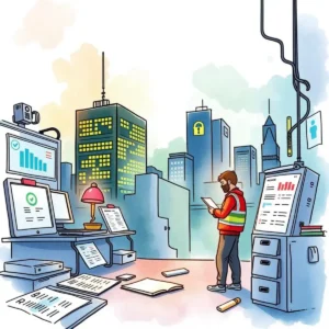 A professional examining incident reports in a city office, visualizing data and security measures.