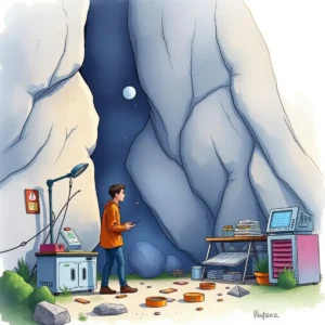A person stands in a cave-like setting, analyzing data tools and materials for quality assurance.