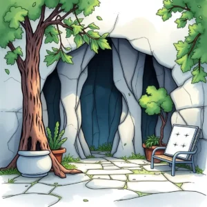 Illustration of a serene entrance showcasing nature and tranquility.