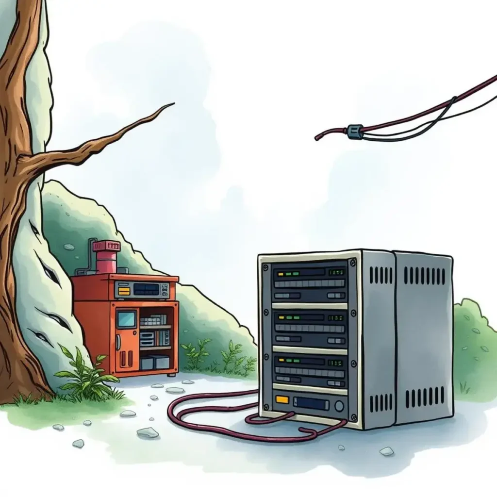 Data restoration guide: Create step-by-step restoration procedures 1 Illustration of servers connected to a data recovery system in nature.