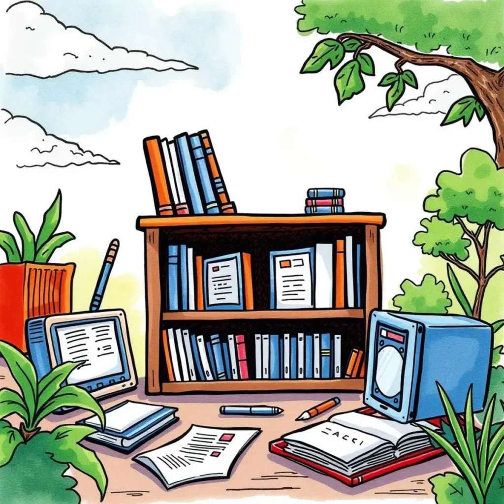 Data retention policy generator: Generate data retention policy templates 1 A cozy workspace featuring books, papers, and electronics beside a bookshelf and greenery.