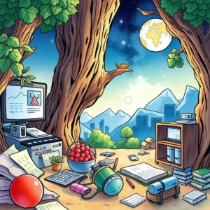 A vibrant illustration of a data collection hub surrounded by nature.