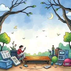 A person uses a smartphone in a serene outdoor setting, surrounded by nature and technology-related items.