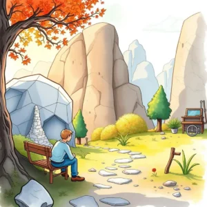 A person sitting on a bench in a tranquil environment, surrounded by rocks and trees, reflecting on data integration.