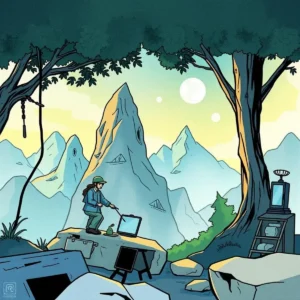 A person analyzing data trends with tools amidst a serene mountain landscape.