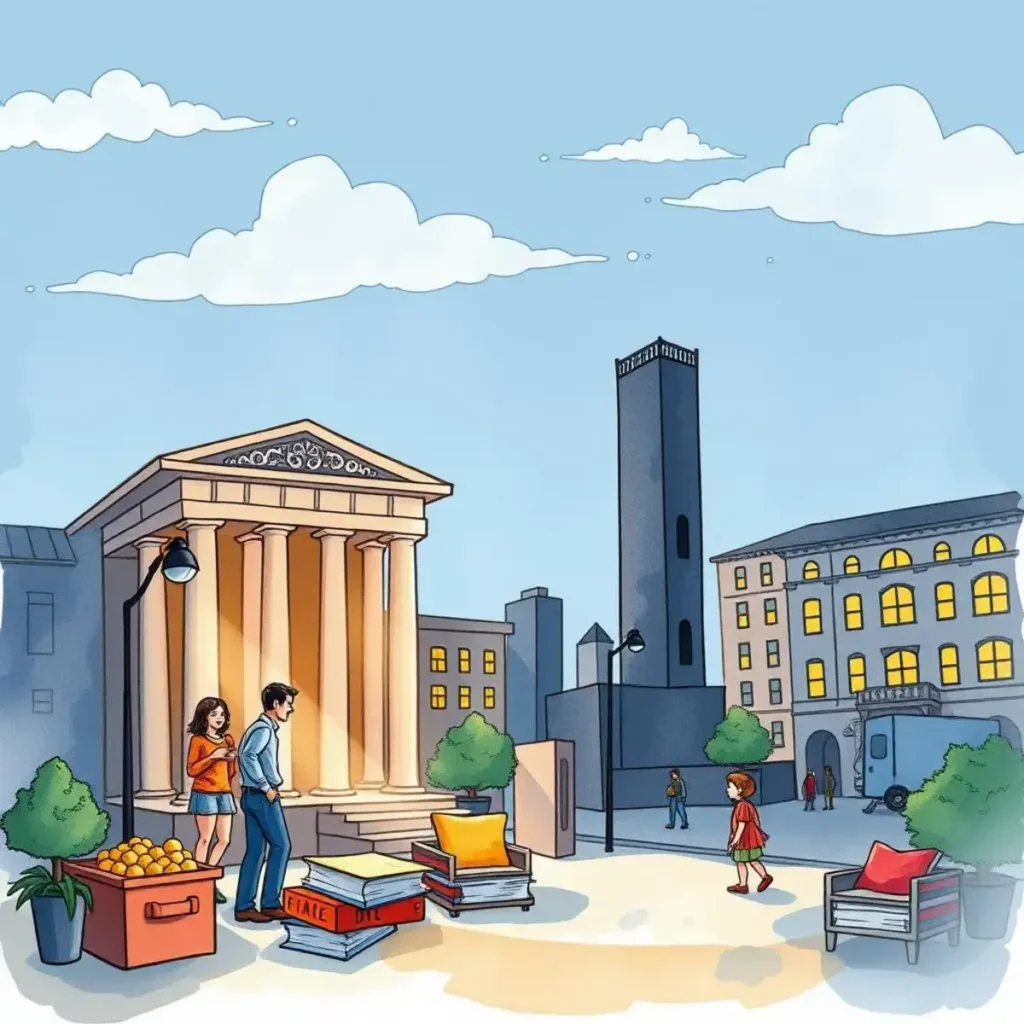 Credit rating review: Generate insights on credit ratings and trends 1 Credit rating review scene featuring a government building, people, and books for insights on financial data