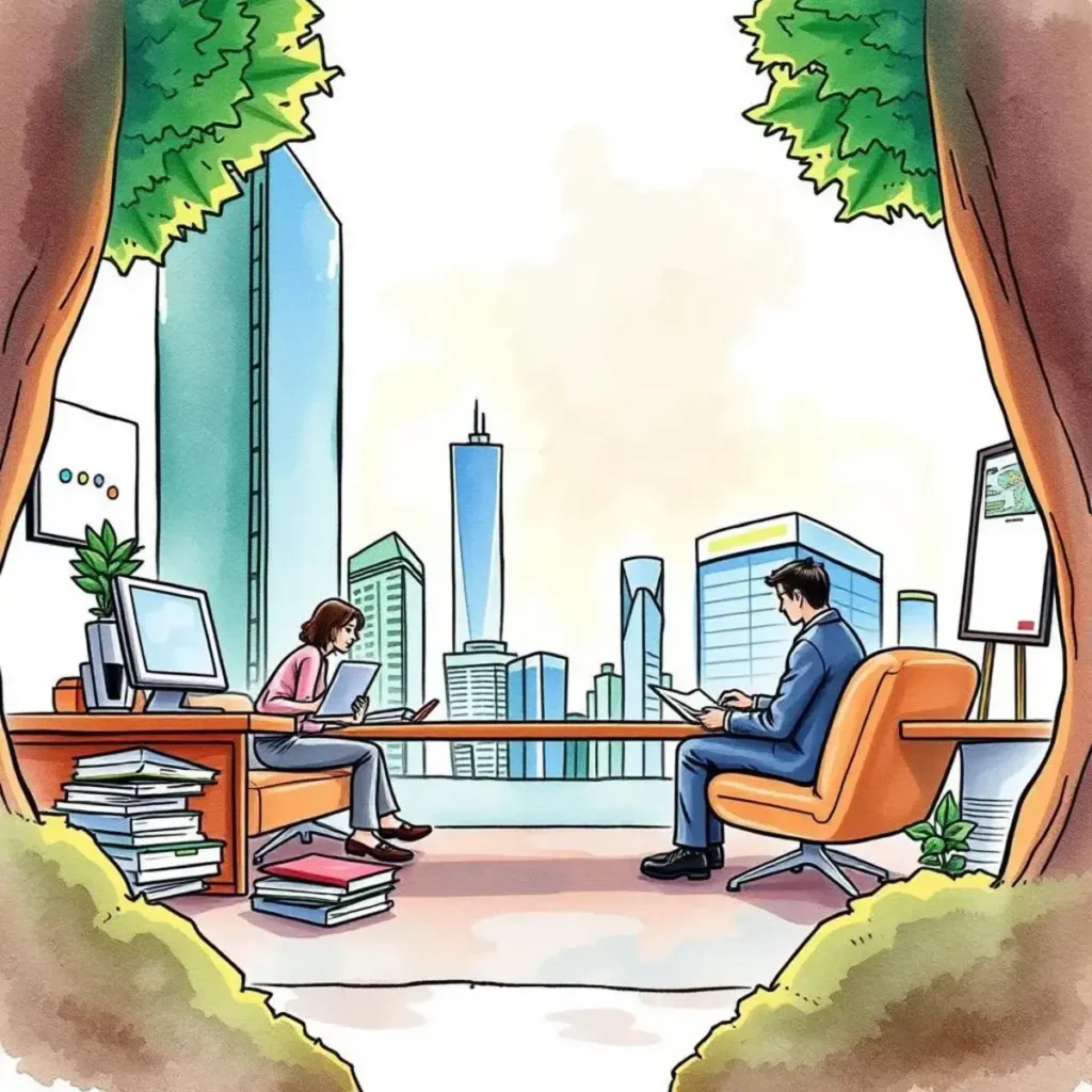 Two professionals analyzing debt metrics in a modern financial office setting.