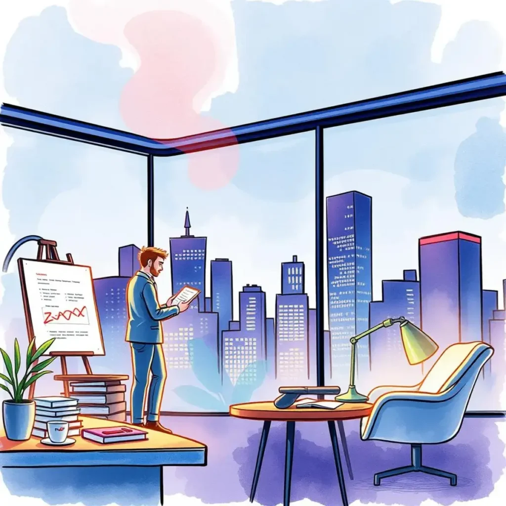 Investor communication composer: Draft updates on debt performance for investors 1 A professional man reviews documents in a modern office overlooking a city skyline.