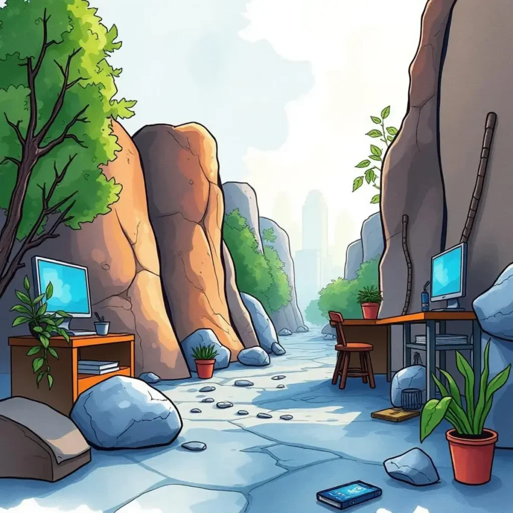 Debug solution generator: Automatically create solutions for code defects 1 A serene tech workspace amidst rocky terrain illustrating debugging solutions.