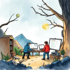 Two engineers debugging code together in a natural setting.