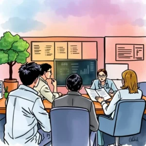 Group of professionals discussing stakeholder meeting decisions around a conference table.