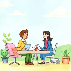 Two professionals discussing deductions management in a serene outdoor setting.