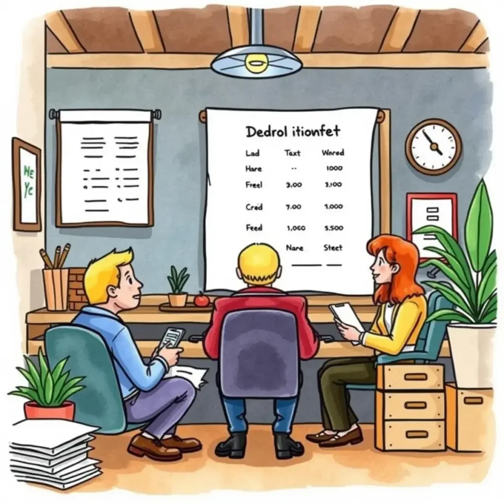 Employee tax breakdown tool: Provides detailed breakdown of employee taxes 1 Three professionals discuss employee tax deductions in an office setting.
