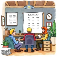 Three professionals discuss employee tax deductions in an office setting.